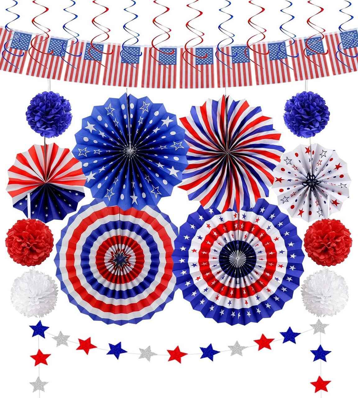 26-Piece 4th of July Hanging Decorations – Patriotic Red, White & Blue Paper Fans, Pom Poms, Stars & USA Flag Banner for Memorial Day, Independence Day & Armed Forces Day